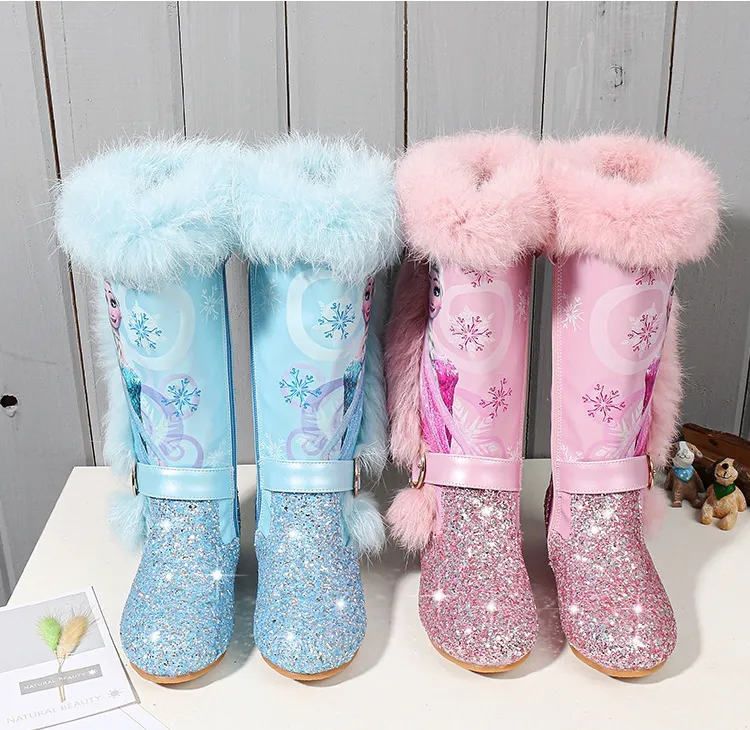 RTS Froze warm PU leather sequin fur water-proof elsa princess boot Winter girls high-heeled velvet snow baby cotton boots