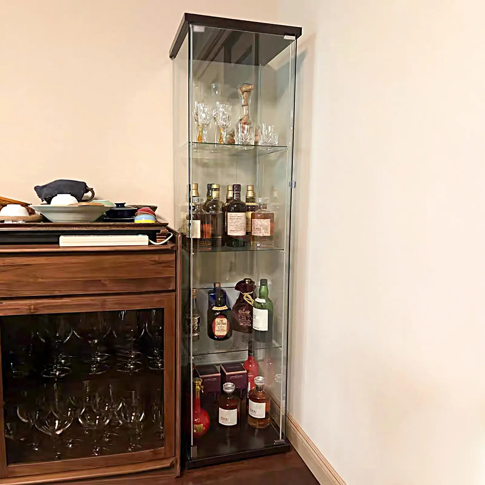 4-Shelf Glass Door Cabinet Tempered Glass Display Cabinet For Living Room Bedroom Office