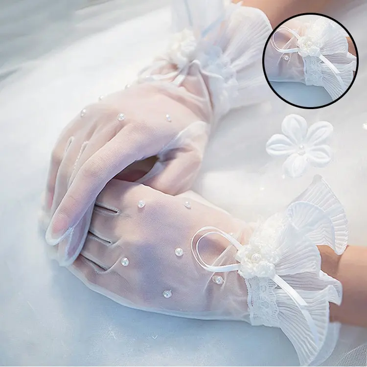Оптовая поставка свадебных платьев перчаток жемчужные кружевные прозрачные короткие перчатки