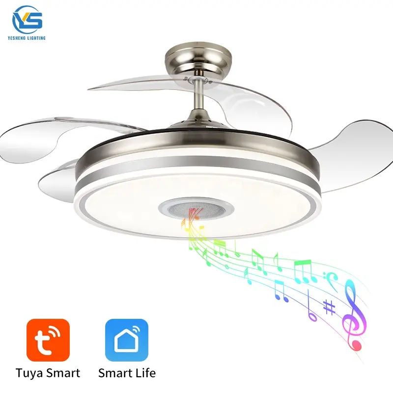 Ceiling fan with LED light 36W 110v DC motor Nickel with Speaker 3 color with memory retractable blades 6 speeds remote control