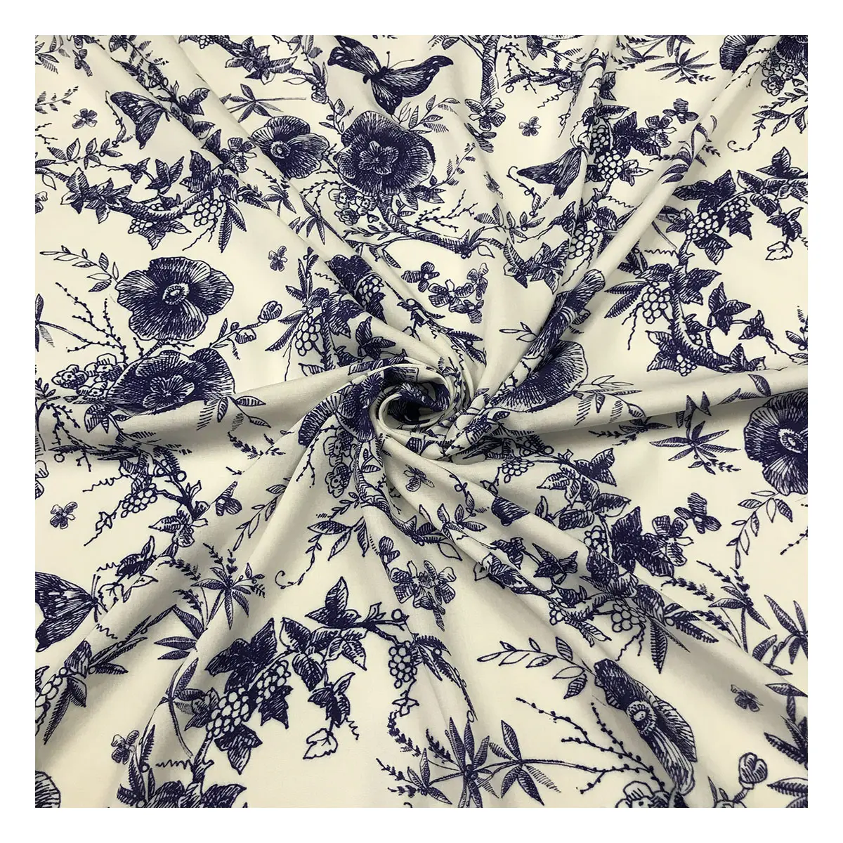 The factory outlet hand drawing blue toile de jouy fabric patterns digital printed floral rayon fabric for clothing