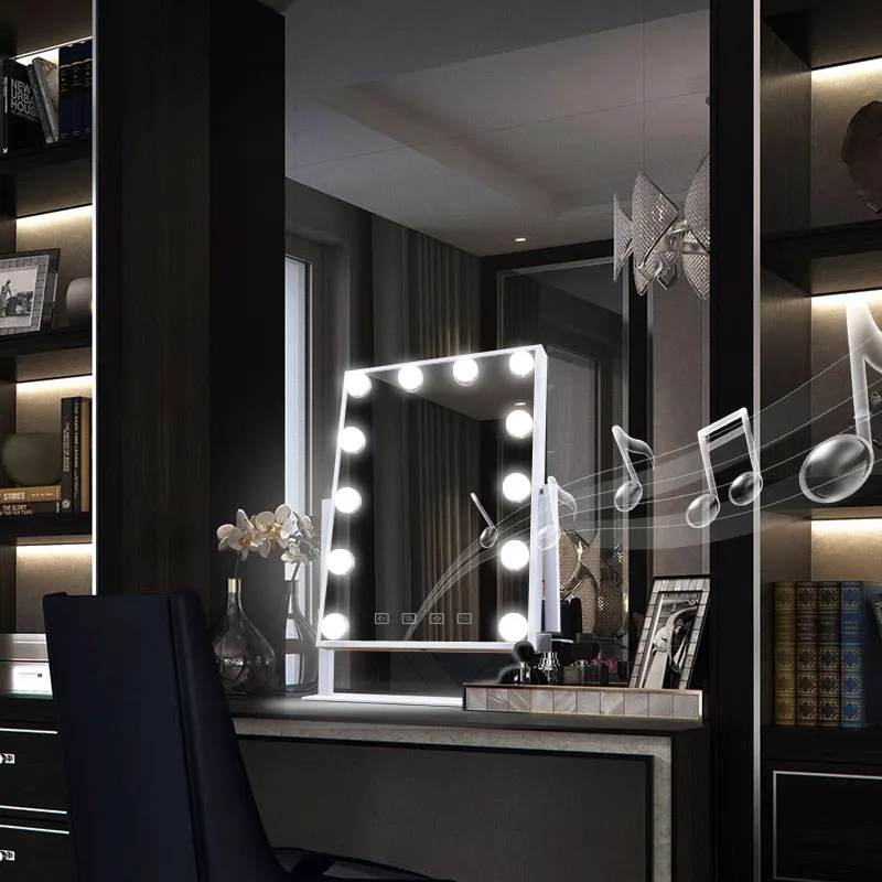 Custom Logo Desktop Touch Sensor Switch Dimmable Speakers Makeup Vanity With Led Light Hollywood Mirror