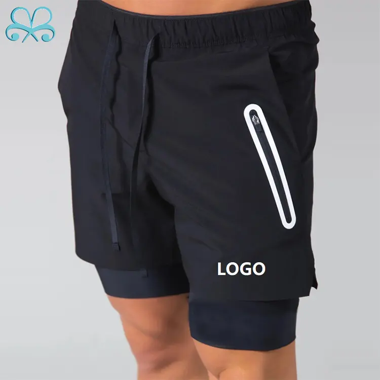 Custom Logo Polyester Quick dry 2 in 1 Double Layer Running Training Gym Fitness Men Workout Shorts With Pockets