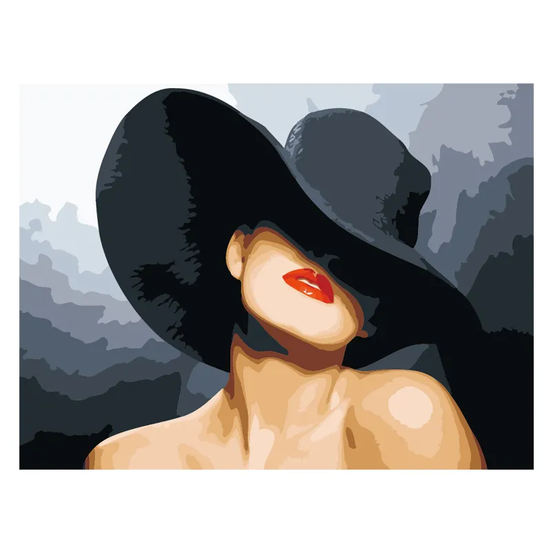 Картина маслом современная девушка в черной шляпе и красная помада Картина на холсте искусство настенное искусство декоративная живопись на холсте