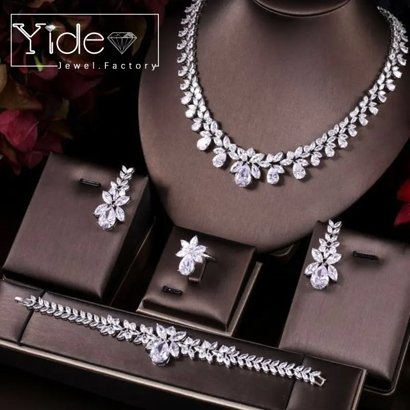Роскошное ожерелье из циркония AAA, серьги-подвески, браслет, кольцо, свадебные комплекты ювелирных изделий для невесты для женщин