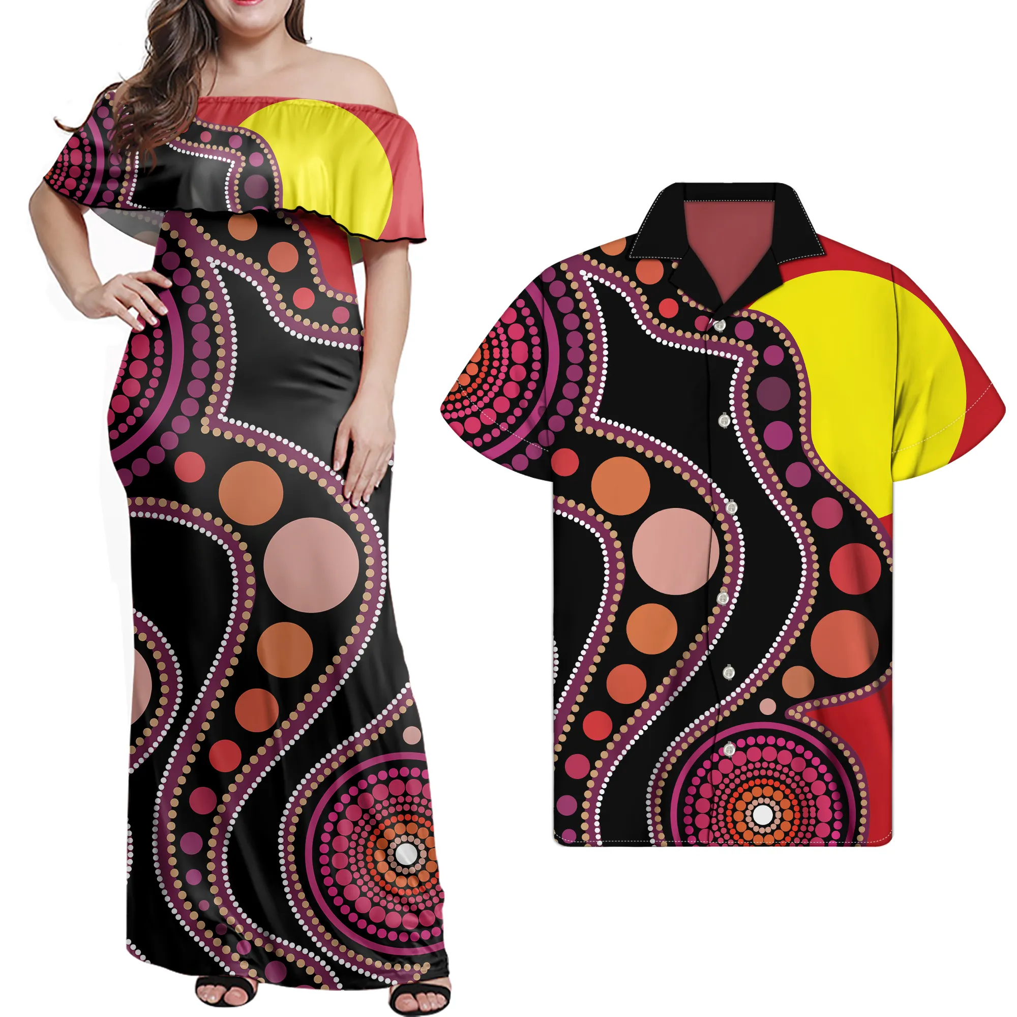 Повседневное женское платье с оборками и открытыми плечами в этническом стиле и с узором в горошек