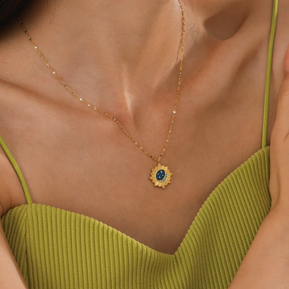 Оптовая продажа 14K Позолоченное серебряное ожерелье в виде Луны и звезды простое ожерелье в виде капли масла ожерелье из нержавеющей стали для женщин