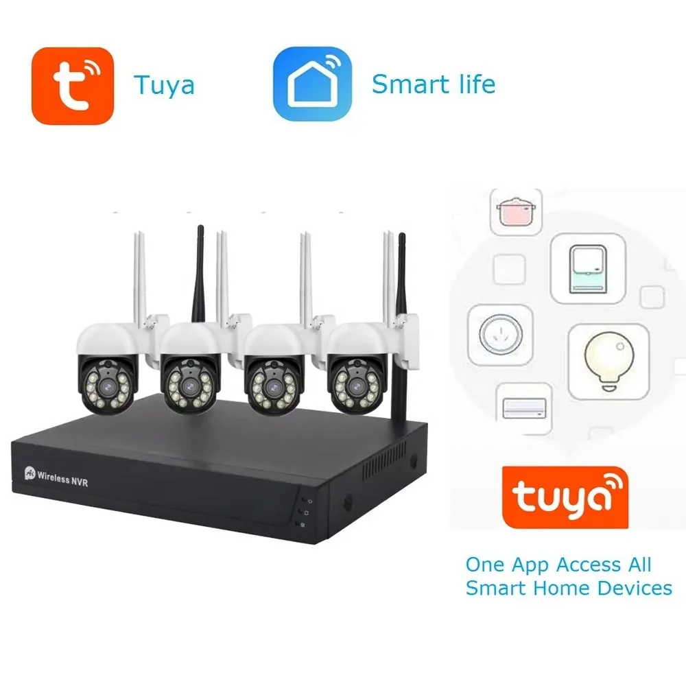 PTZ 4H 4cam Video System Tuya Smart Life Surveillance Camera NVR Kit 1080P Wireless WIFI CCTV System Camera Security System