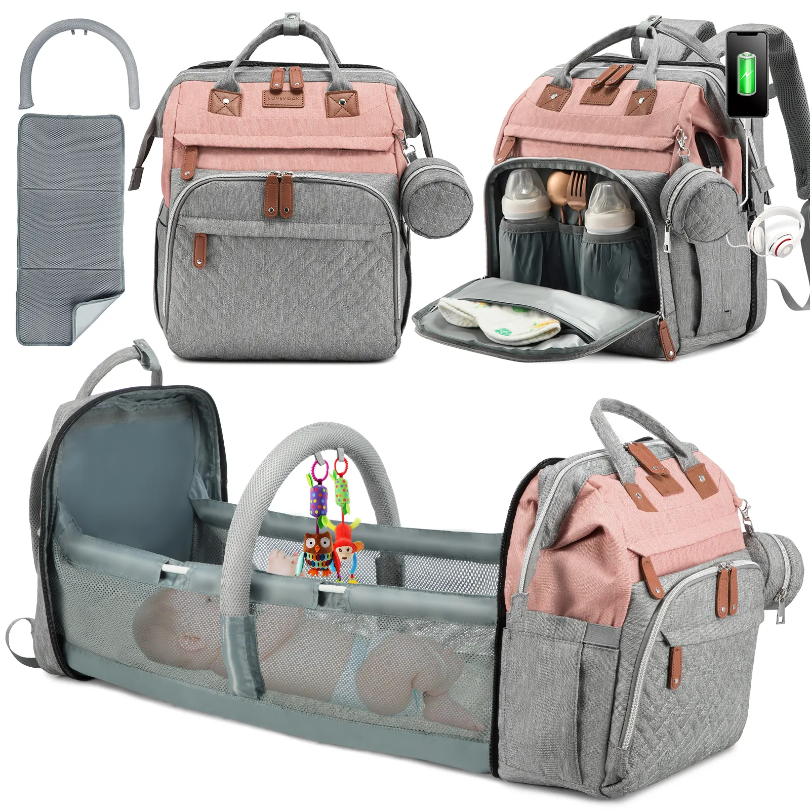 Модные женские сумки-мессенджеры 5 в 1 детский рюкзак, сумка с волосами младенца кровать и навесы сумка для подгузников рюкзак большая дорожная Детский рюкзак для мальчиков и девочек