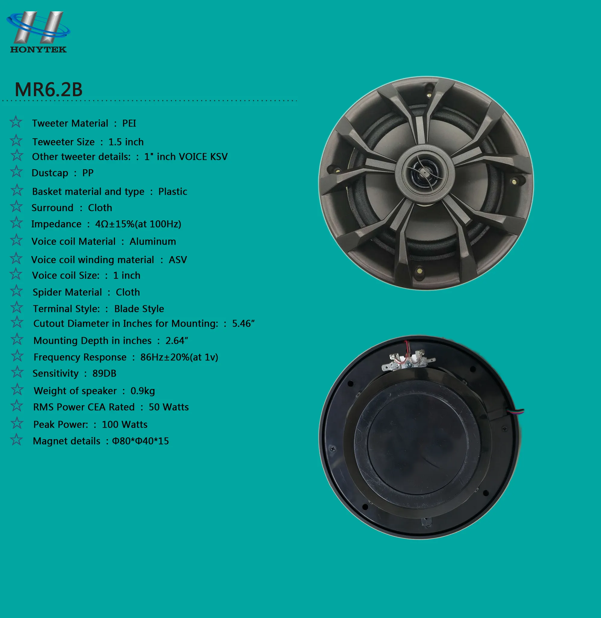 MR6.2B CE Certificated Wakeboard 6 Inch Twoer Waterproof Marine Speaker