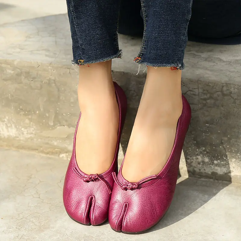 Genuine leather Split Toe Round Low Heels Shoes Women 2020 Spring New Bowknot Pig Feet Pumps Ladies