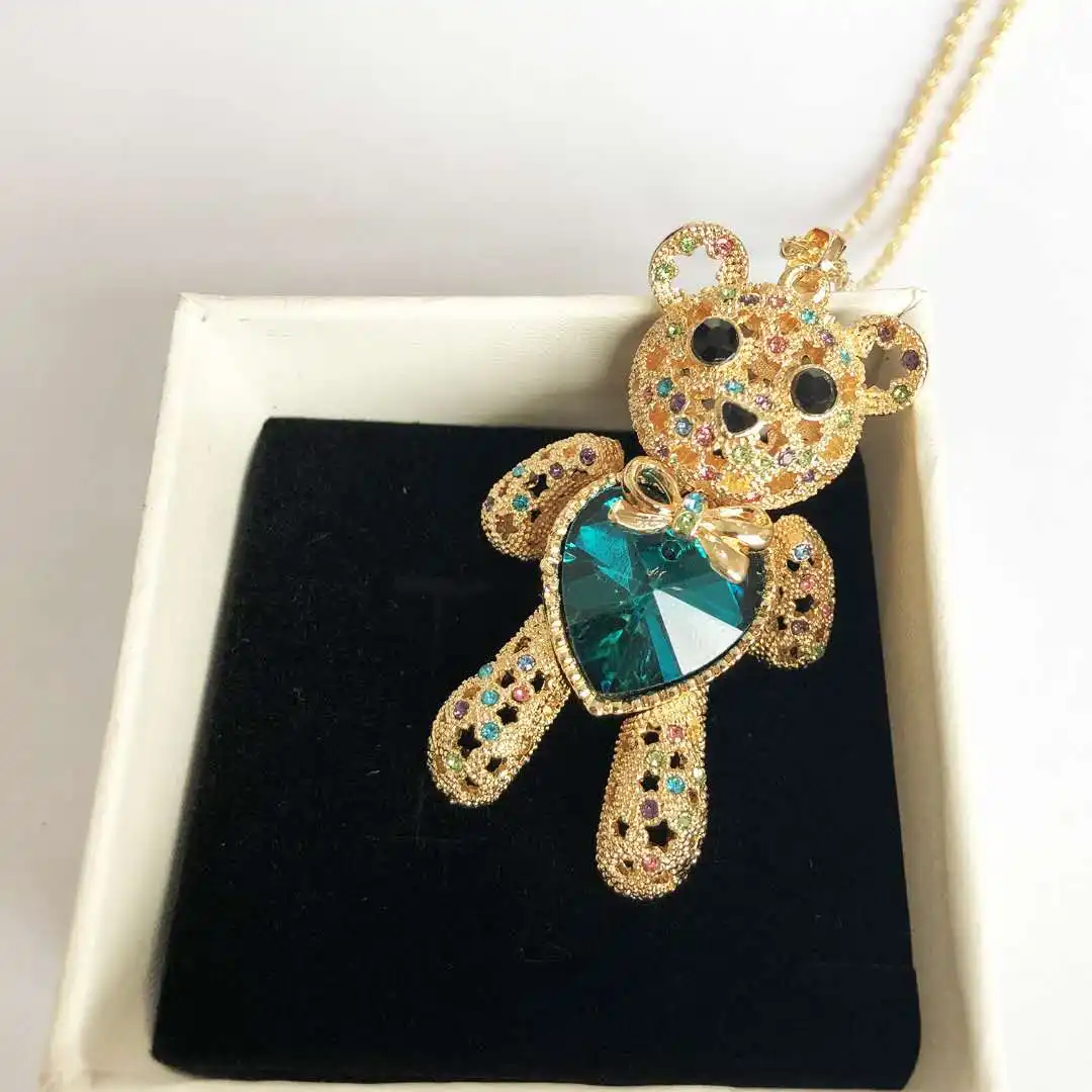 XUNBEI ювелирные изделия с золотым покрытием в форме сердца с кристаллами, длинное ожерелье в виде медведя Тедди для женщин