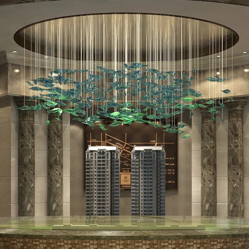 Оптовая продажа, Современная зеленая Подвесная лампа ручной работы в стиле арт-деко для отеля, большие люстры из муранского стекла с рыбой