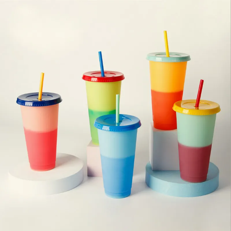 Горячая Распродажа 24 унции/710 мл BPA бесплатно Пользовательский логотип шелкография пластиковая чашка с соломинкой холодный кофе меняющий цвет стакан