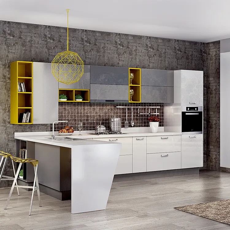 Кухня полная современный дизайн Австралийский стандарт с скамейкой из меламина и стеклянной витриной высокие глянцевые кухонные шкафы
