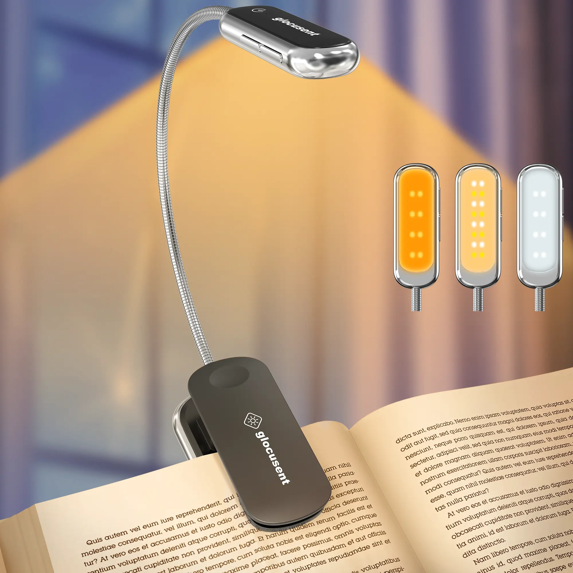 Glocusent Posh Premium Book Reading Light 16 led Rechargeable Runs 160hrs 1800K Eyecaring Clip on Book Light with Timer