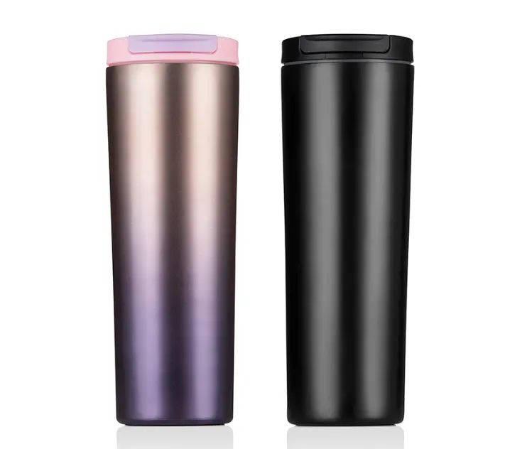 500 мл Изолированная чашка для воды с пользовательским логотипом, многоразовые кофейные вакуумные чашки из нержавеющей стали с латте, черный тонкий прямой стакан