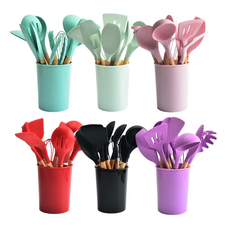 Multifunctional kitchen cooking utensils wooden handle small kitchen utensils multicolor 12-pieces silicone kitchen utensils set