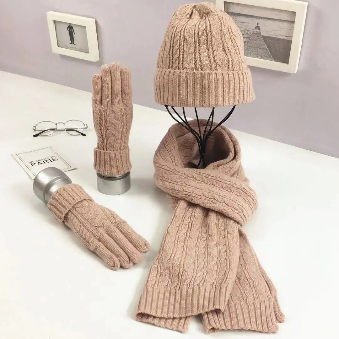Осень-зима 2021, модный вязаный шерстяной Комплект из трех предметов, однотонный теплый капюшон, комплект из шапки и шарфа и перчаток для женщин