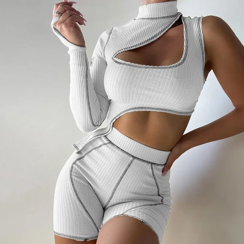 Irregular One Shoulder Long Sleeved Waistless T Shirt Slim Fit Shorts Reverse Wear Set Women