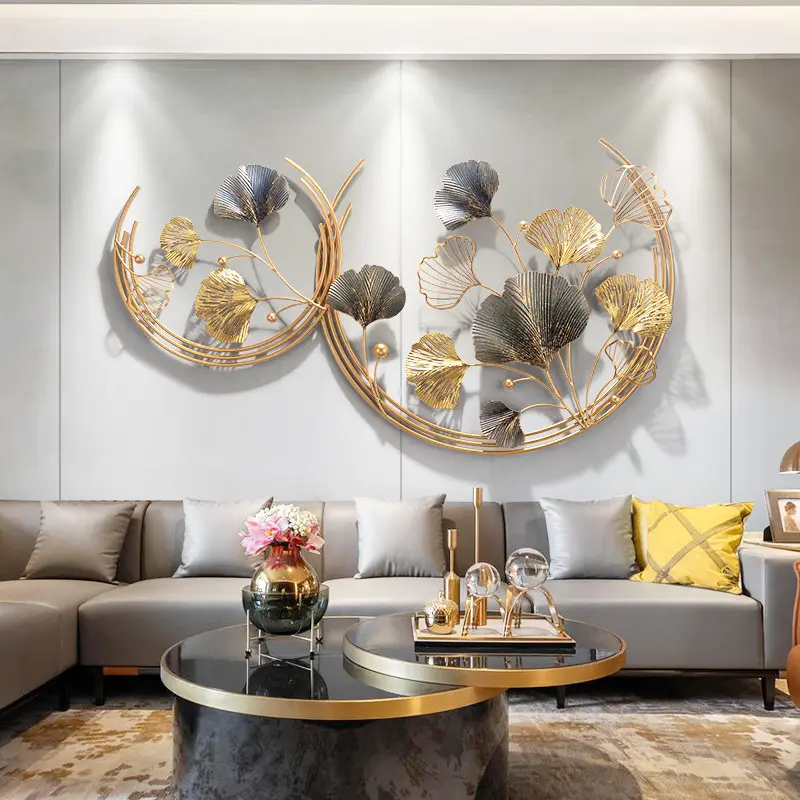 Morden interior metal crafts hanging design golden ginkgo leaves wall art home decor luxury