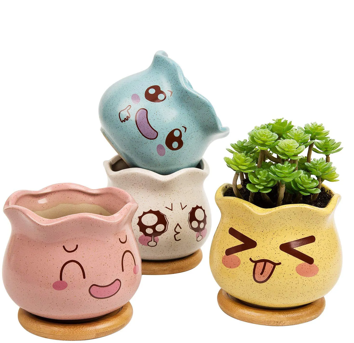 Facial Expression Ceramic Succulent Planter and Cactus Pot with Bamboo Tray Flower Pots Mini Planters for Desktop Decoration