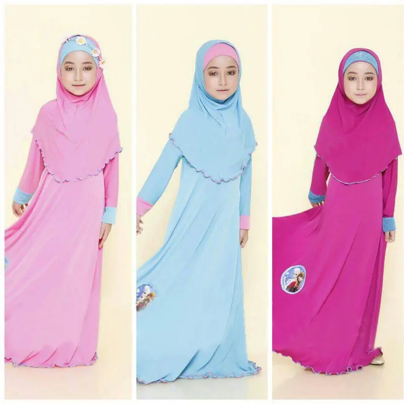 2 Pieces Set Muslim Girls Princess Dress Kids Abaya Hijab Khimar Niqab Burqa Jilbab Islamic Children Prayer Gown Kaftan Ramadan