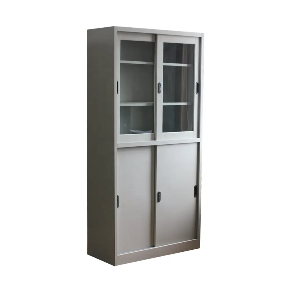 Металлический Стальной раздвижной стеклянный шкаф для хранения со стеклянными и стальными дверями