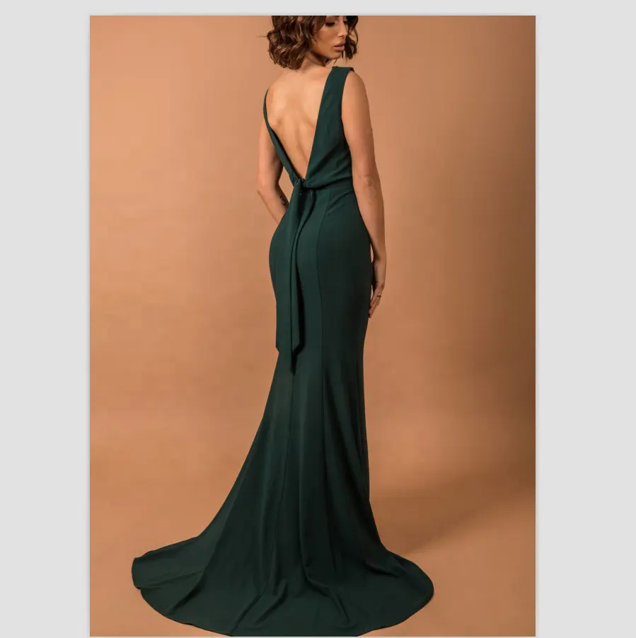 Auschalink Elegant Stretched Crepe Sleeveless Mermaid Bridesmaid Dress Long Formal Gowns Backless Wedding Party Gowns For Women