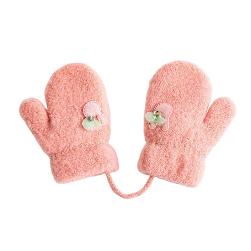 New children's Knitted Gloves Winter Plush thickened cover cartoon finger hanging rope warm children's Gloves