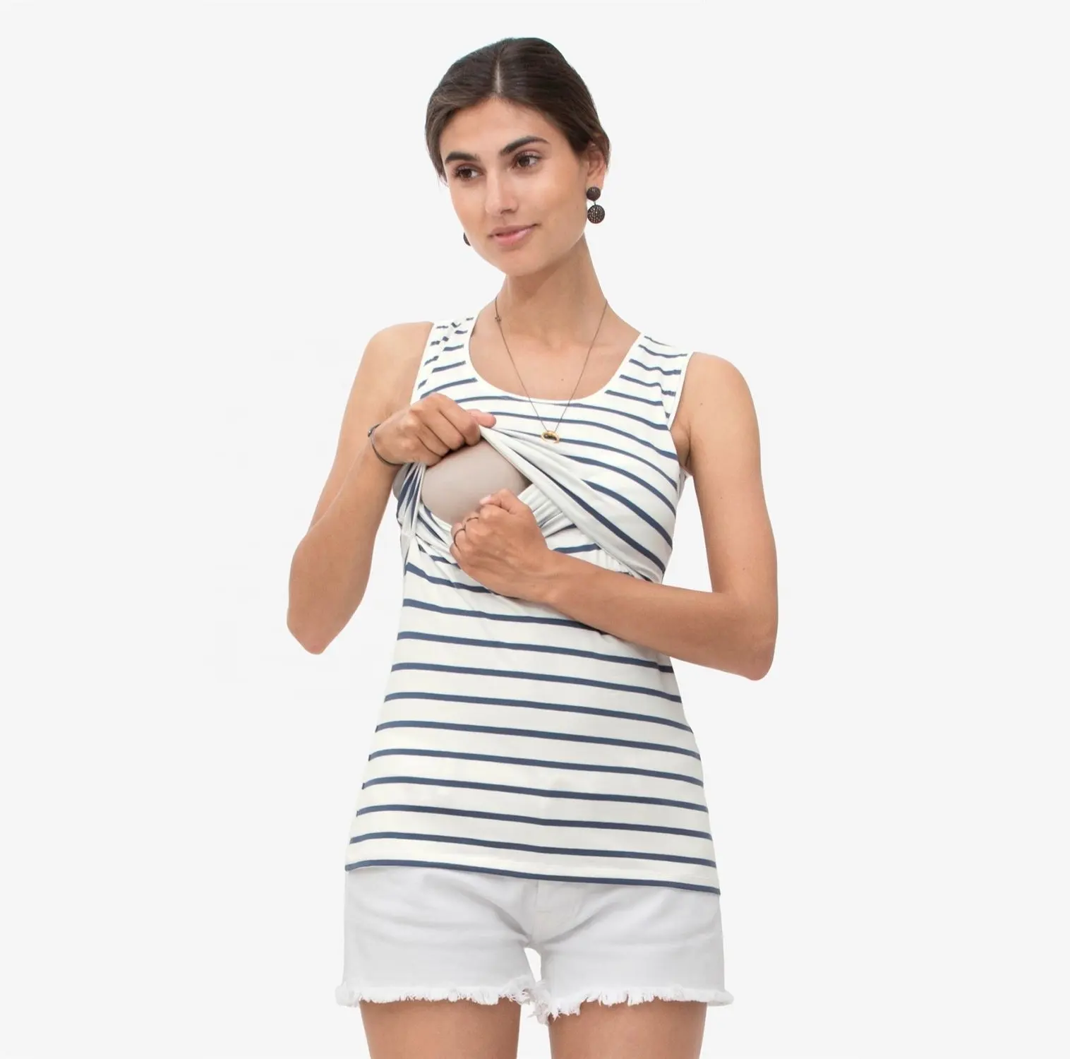 Hot Sale New Soft Women Multifunctional Maternity Clothing Striped Round Neck Pregnant Nursing Friendly Breastfeeding Tank Tops