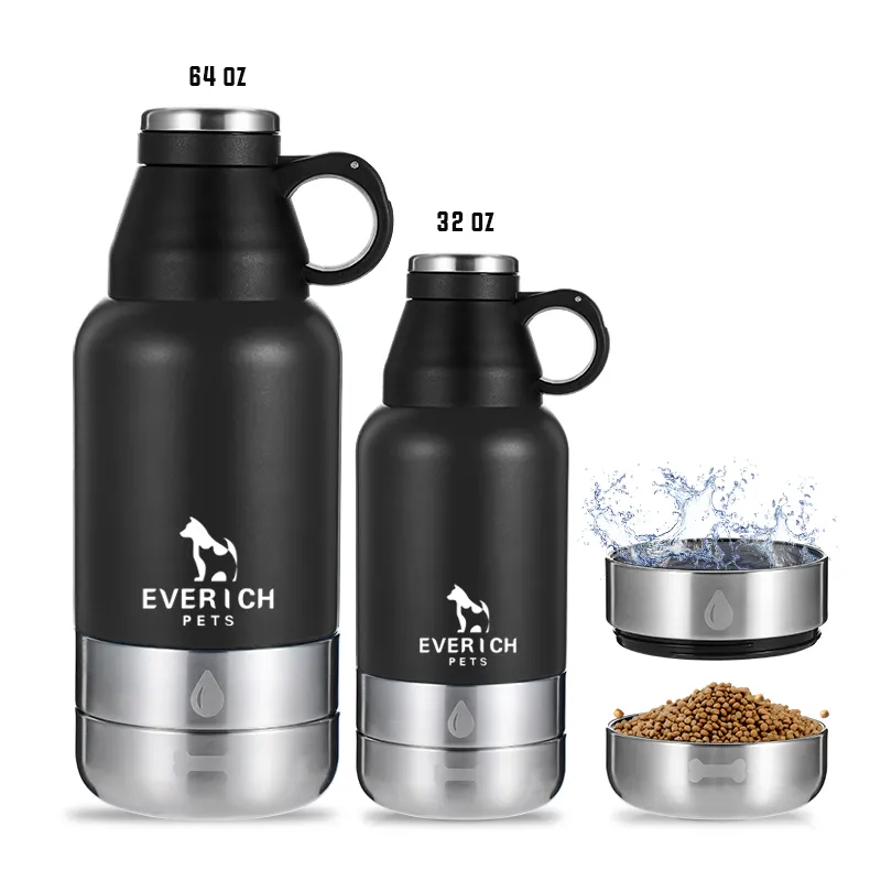 In stock 3 in 1 everich patent 32oz 64oz Double Wall Stainless Steel dog water bottle with 2 bowls Pet feeder for outdoor travel