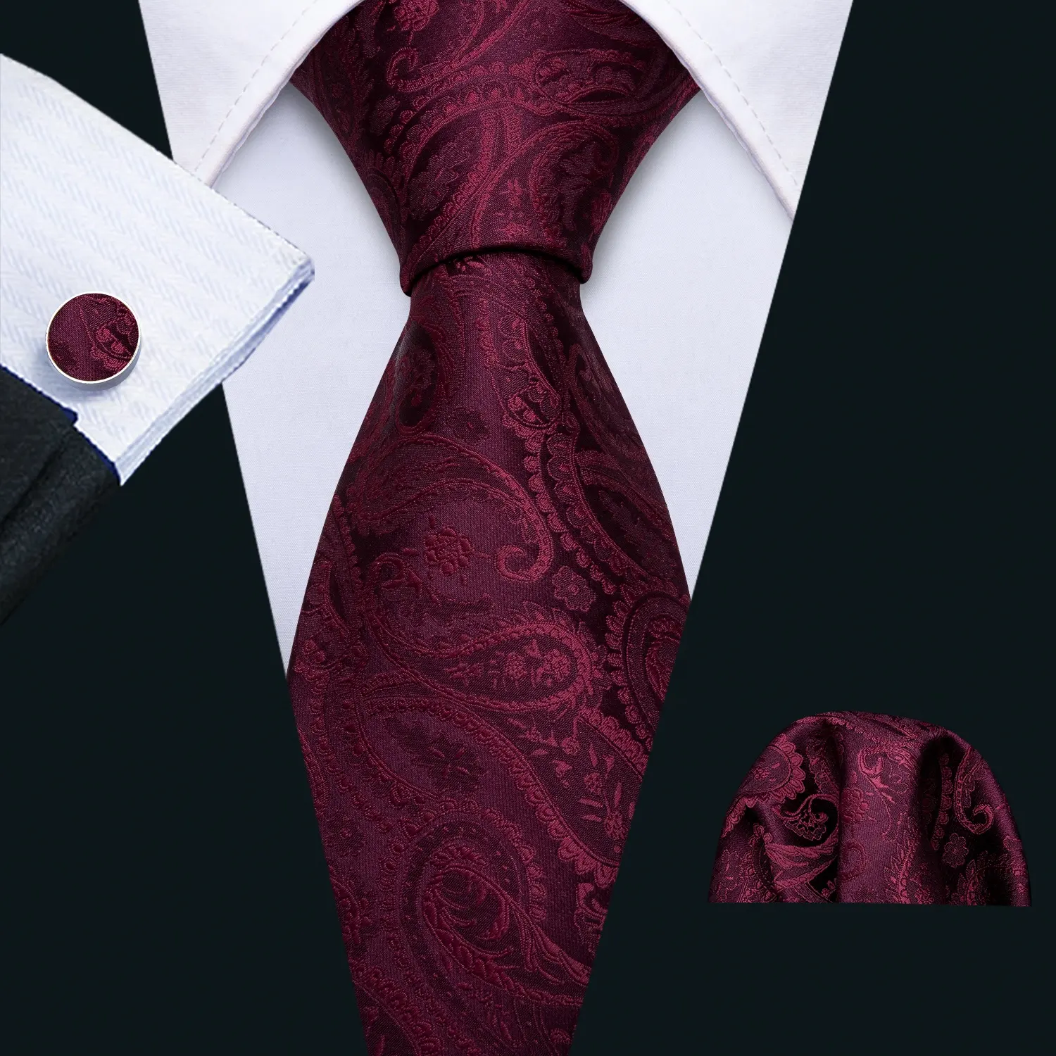 Gorgeous Design Burgundy Pocket Squares Men's Paisley Silk Ties Set