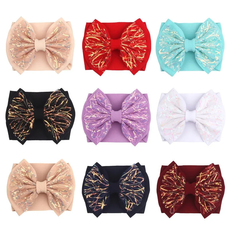 7" Double Layer Sequins Hair Bow Headband Bow For Girls Spring Turban Party Headwrap Hair Bands Kids Cute Headwear Accessories
