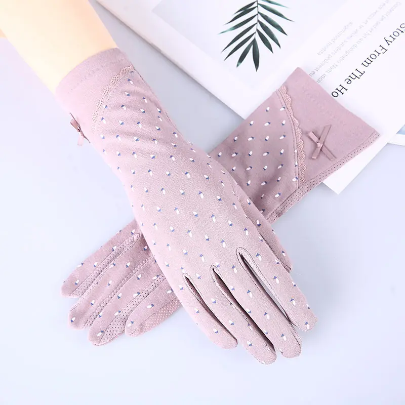 Ladies mid-length non-slip gloves outdoor sunscreen sun UV protection gloves lace bow touch screen gloves