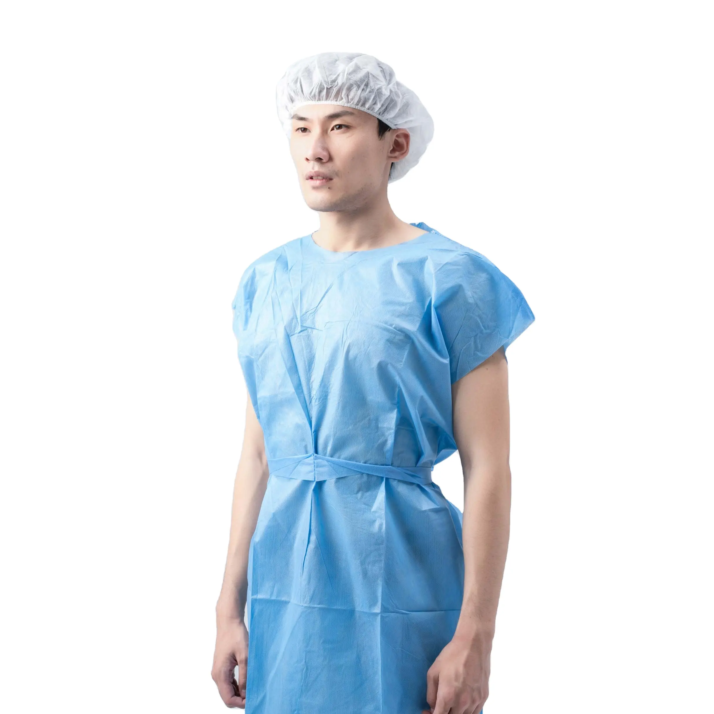 Одноразовый нетканый голубой халат для пациента без рукавов SMS