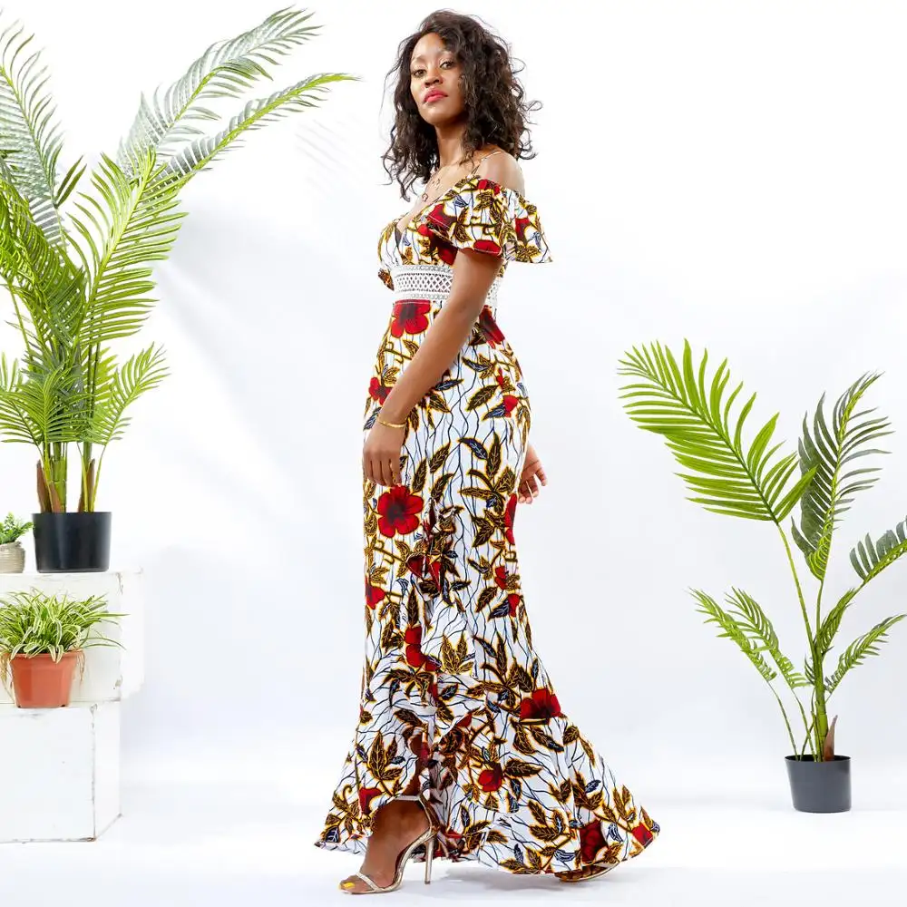 2021 African printed dress top fashion ankara v-neck dress cotton African clothing women maxi fit dress