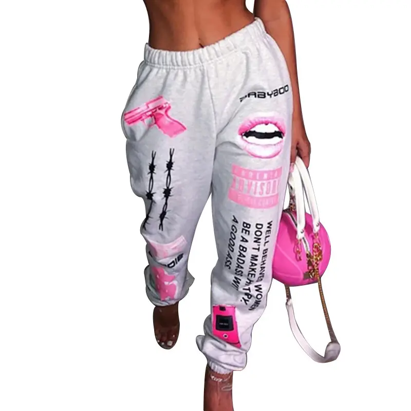 2021 New Arrivals Chic Design Fashion Graphic Joggers Women High Waist Long Pants With Graffiti Streetwear