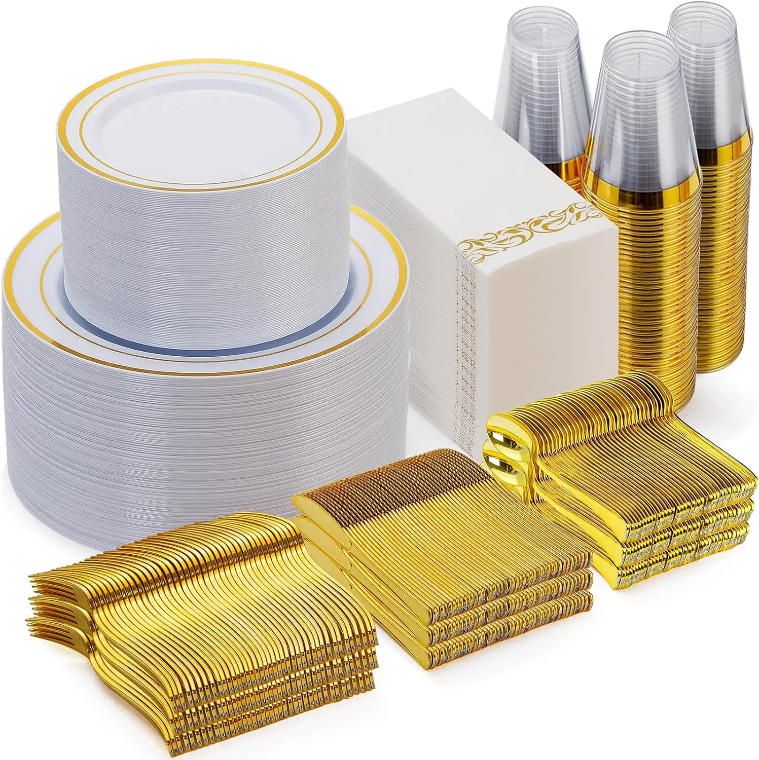 700 шт., набор золотой посуды для 100 гостей, пластиковые тарелки для вечеринки, 100 золотые тарелки 100 десертные тарелки