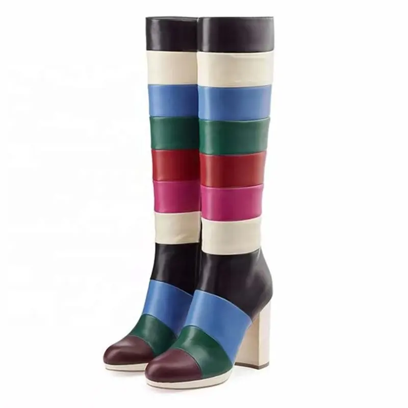 Mixed Print New Model Heels Shoes Boots Gradient Color Fashion Women's Knee High Boots Round Toe Zip Big Size 46