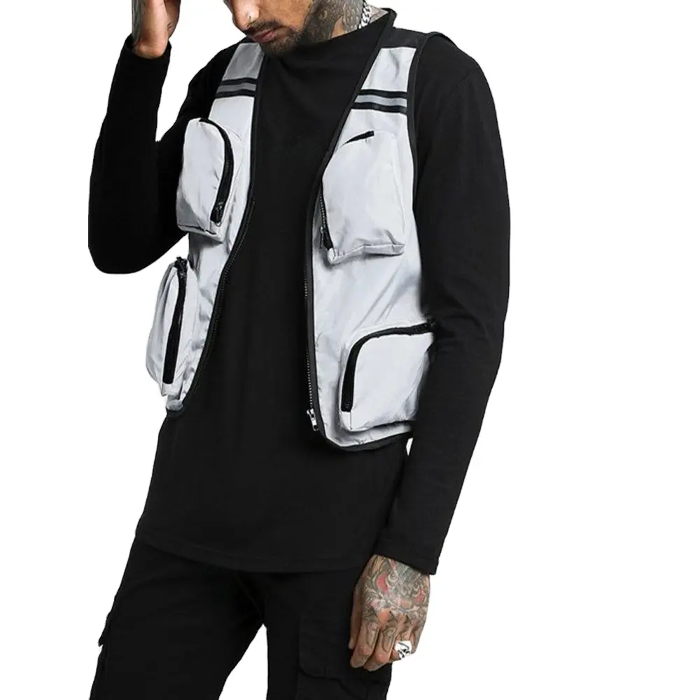 Fashion Mens Vest Homme Utility Polyester Custom Motorcycle Sports Multipocket Reflective Sleeveless Vest Jacket Men