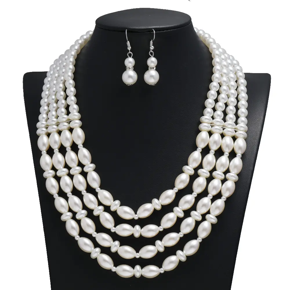 2021 Women's Multilayer faux pearl Statement Necklace and Earrings Set for brides