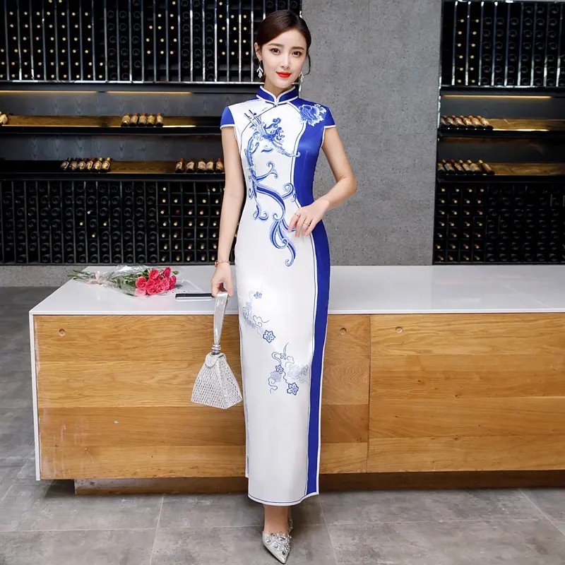 Wholesale Tang Suit Printed Chinese Traditional Dress Women Short Sleeve Qipao Cheongsam Dress