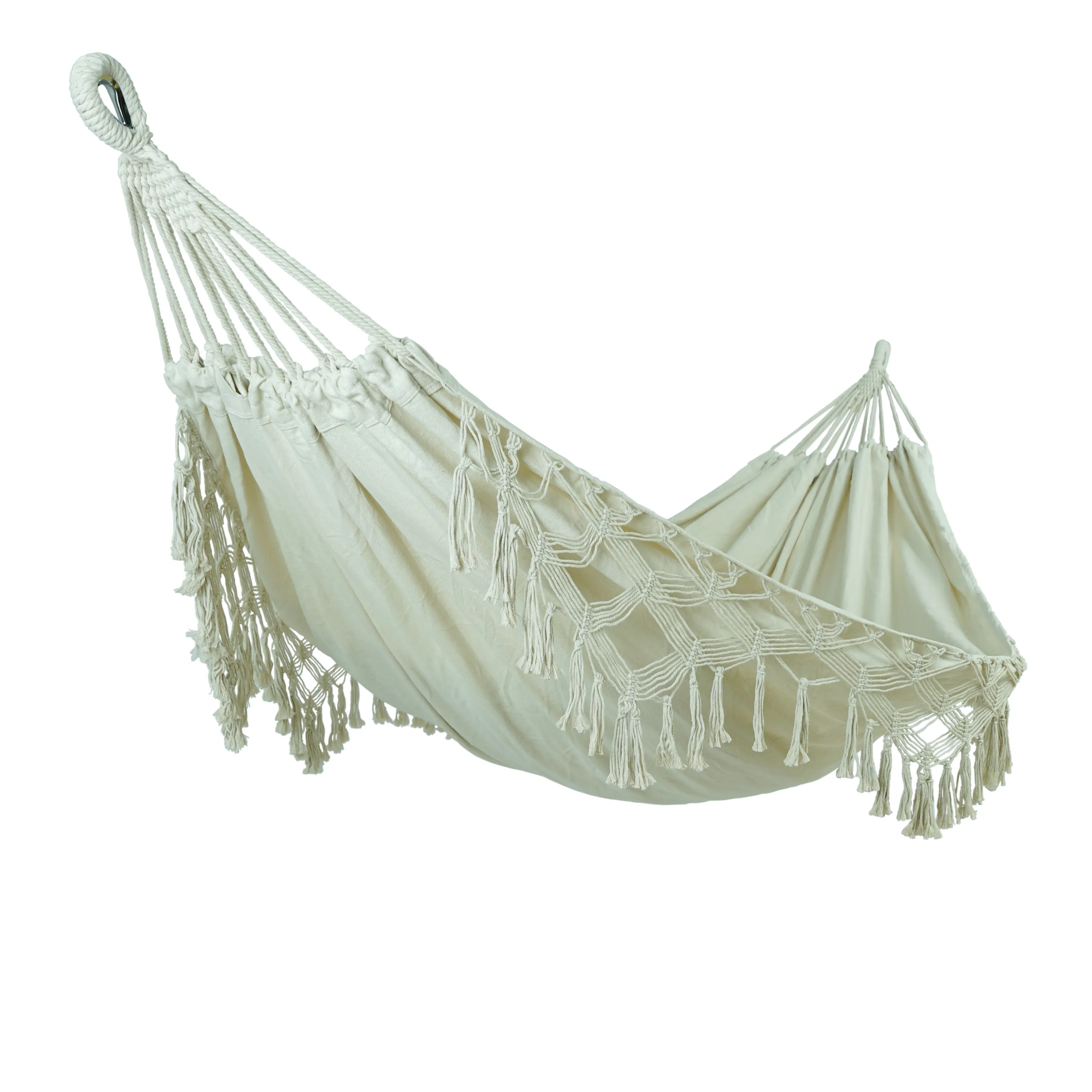 Outdoor Foldable Canvas Macrame Swing Hammock Indoor Large Double Cotton Hammock with Fringe Beach Yard Hanging Chair