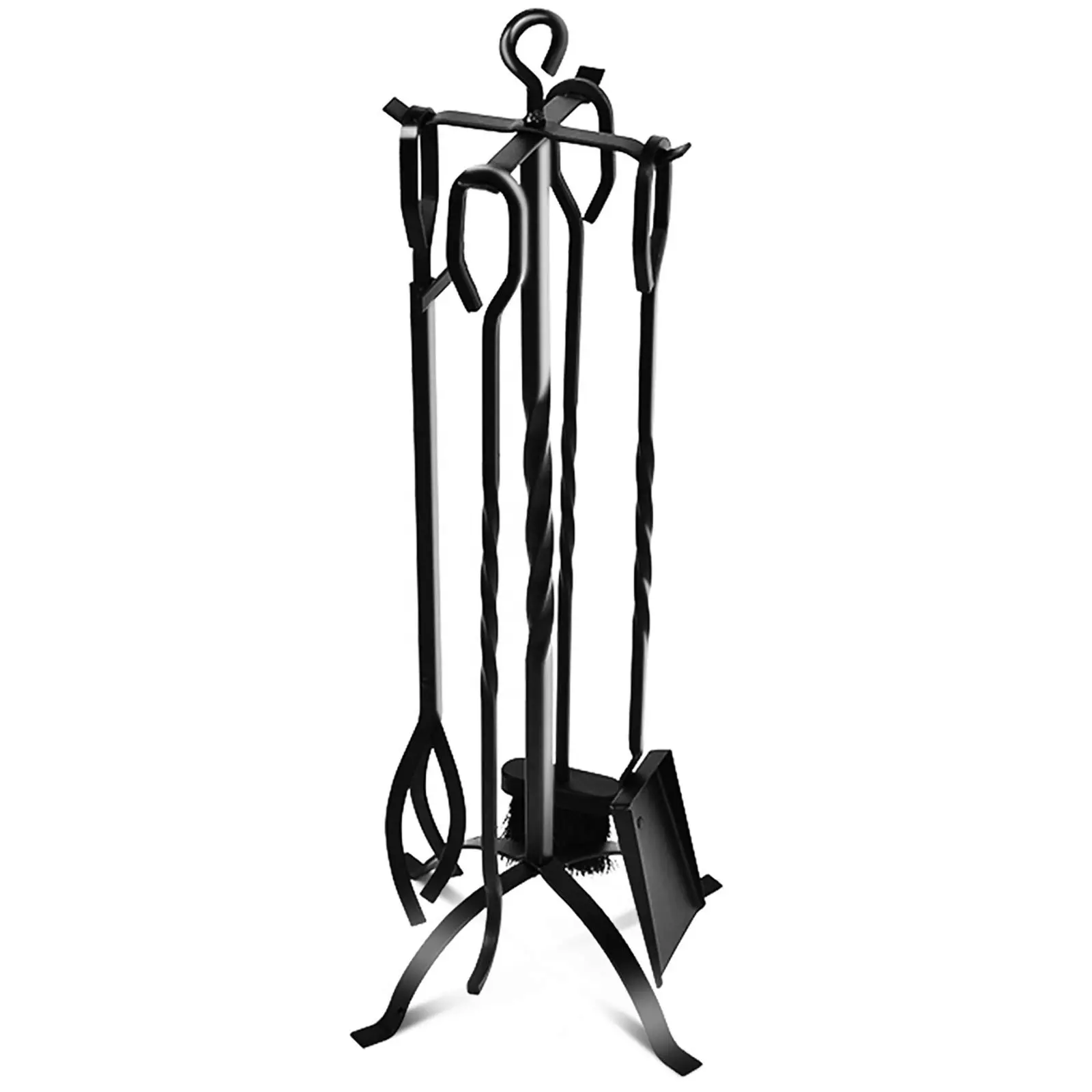 5 Piece Indoor Heavy Duty Wrought Iron Fire Place Tool Set With Poker Shovel Tongs Brush