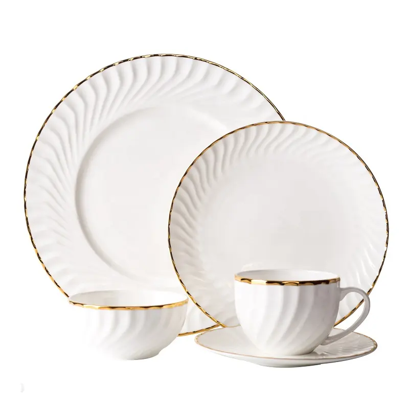 Высококачественный Европейский костяной фарфор Позолоченный край полный набор западных плоских керамических тарелок и белых чайных комплектов тонкие столовые наборы