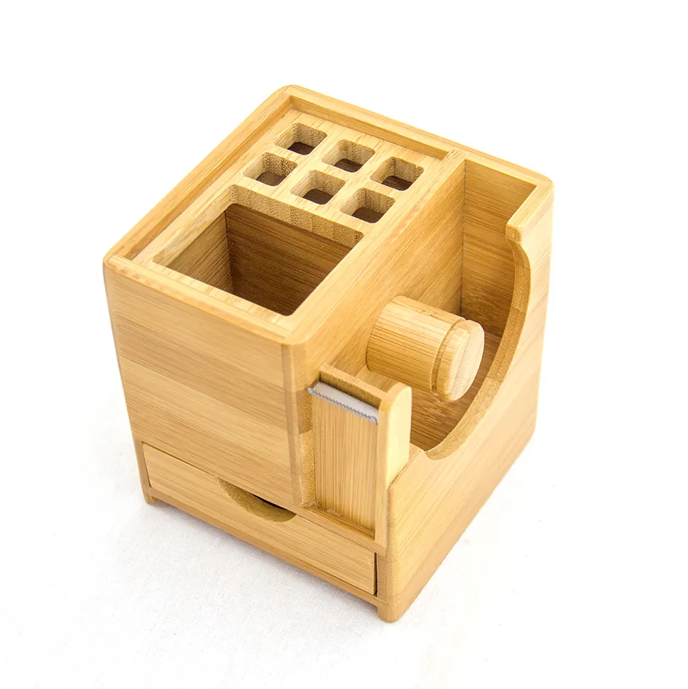 High Quality Bamboo Desk Square Pen Pencil Holder Stand Office Organizer With Tape Dispenser