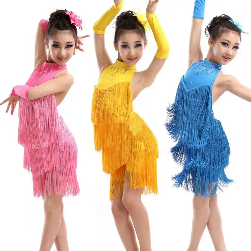 Оптовая продажа, нарядный костюм, сценический костюм, От 4 до 11 лет Одежда для латинских танцев сальсы, однотонное танцевальное платье с кисточками для девочек