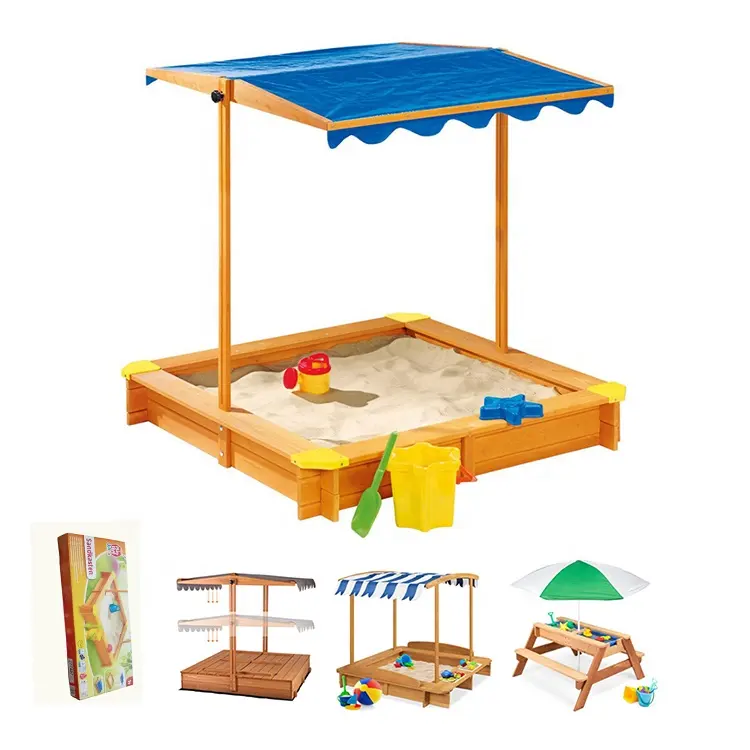 Outdoor Backyard Wooden Outdoor Kids Sandbox Convertible Canopy Covered Sand Box Bench Seat Storage Sand Box Outdoor