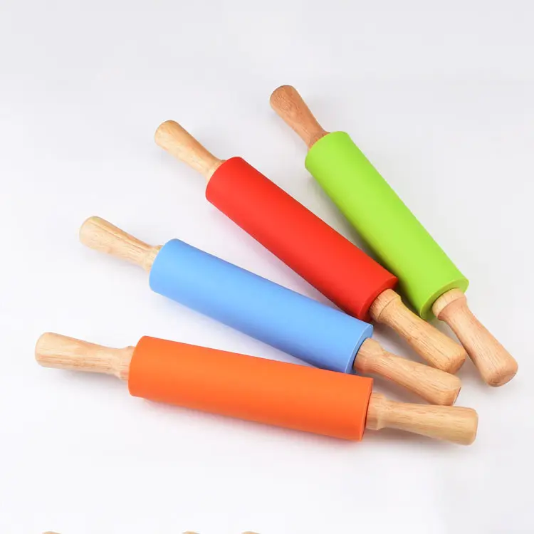 Home kitchen pastry baking tools non-stick silicone rolling pin with wood handle